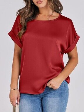 NWT Anrabess Scoop-Neck Satin Blouse in Red - M